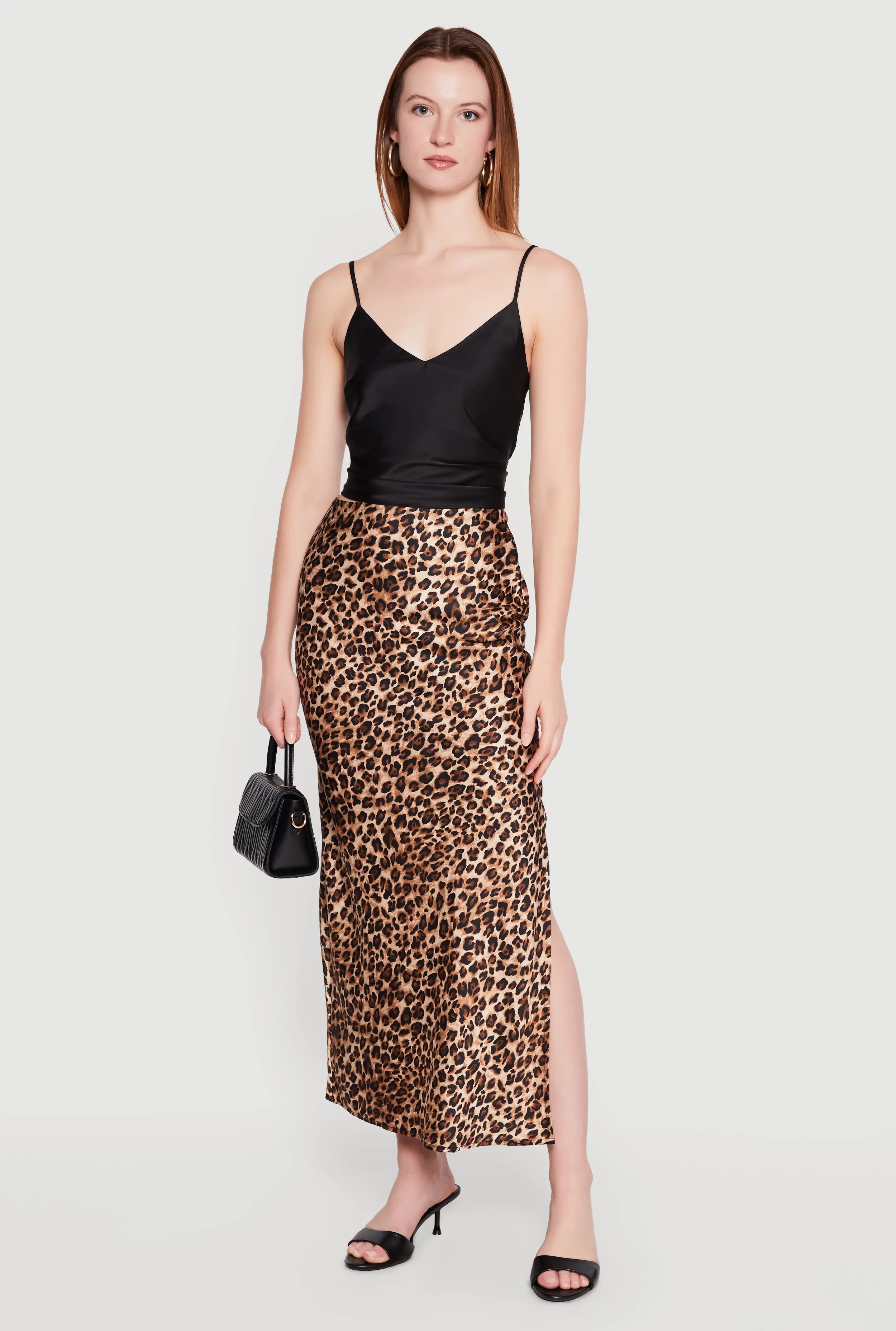 Satin Leopard Print Side Slit Maxi Skirt sold by Rainbow