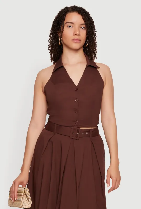 Button Front Cropped Halter Top made by Rainbow
