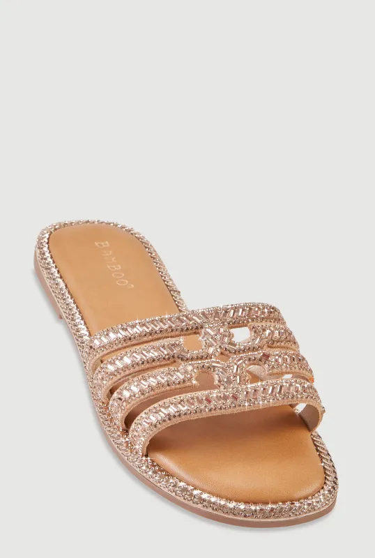 Rhinestone Embellished Cutout Band Slide Sandals made by Rainbow