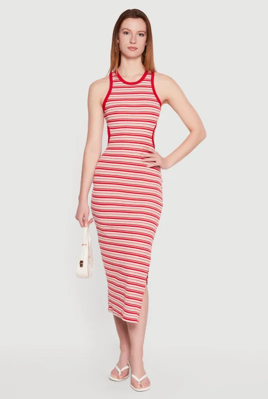Striped Keyhole Detail Side Slit Midi Dress made by Rainbow