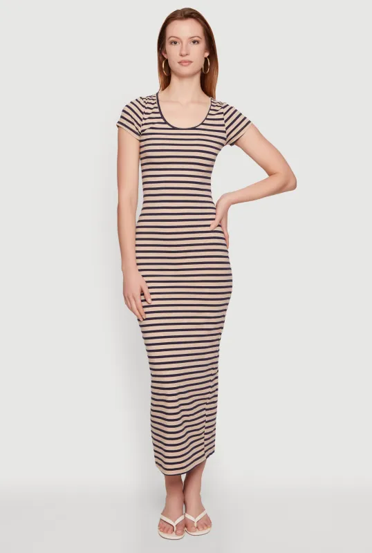 Striped Scoop Neck Back Slit Midi Dress made by Daisy