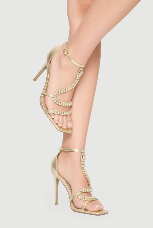 Rhinestone Snake Detail Ankle Strap Ultra High Heels made by Rainbow