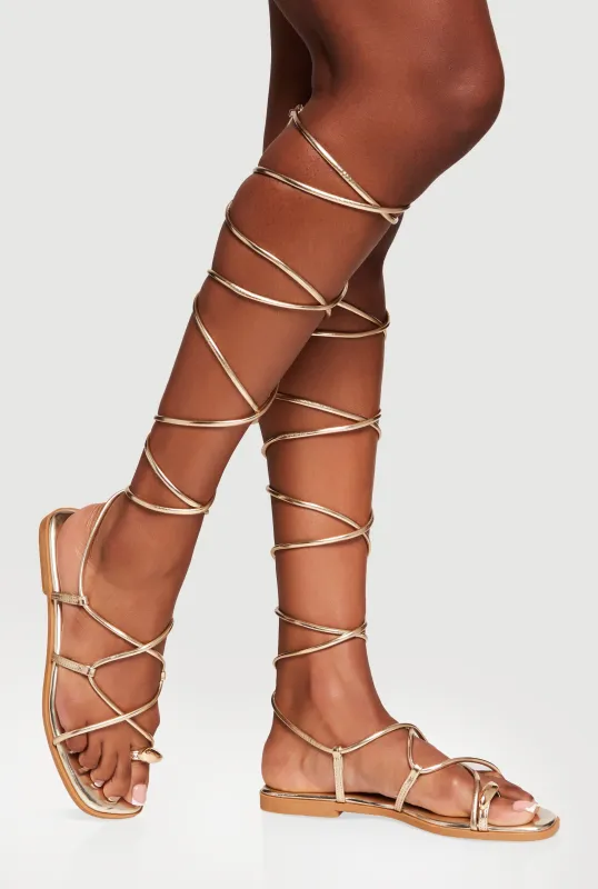 Metallic Toe Loop Lace Up Strappy Gladiator Sandals made by Rainbow
