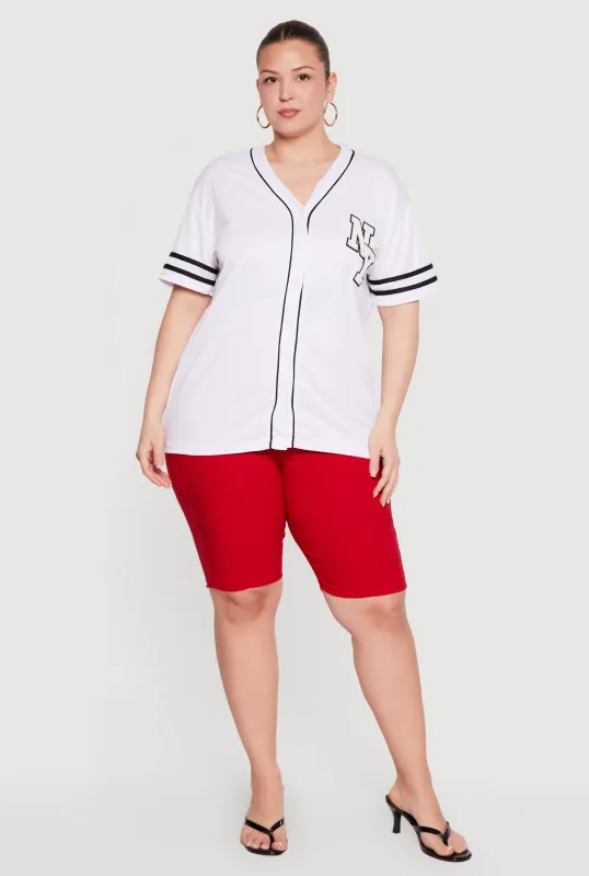 Plus Size Chenille NY Patch Graphic Varsity Stripe Baseball Jersey made by Rainbow