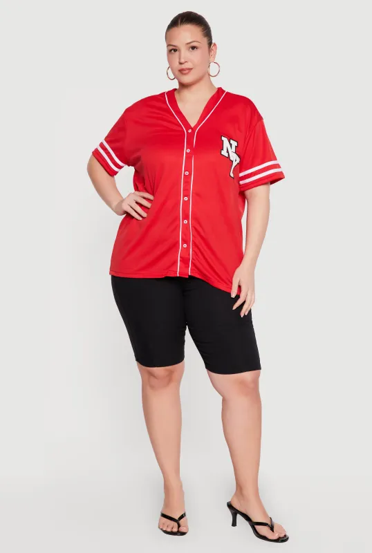Plus Size Chenille NY Patch Graphic Varsity Stripe Baseball Jersey made by Rainbow