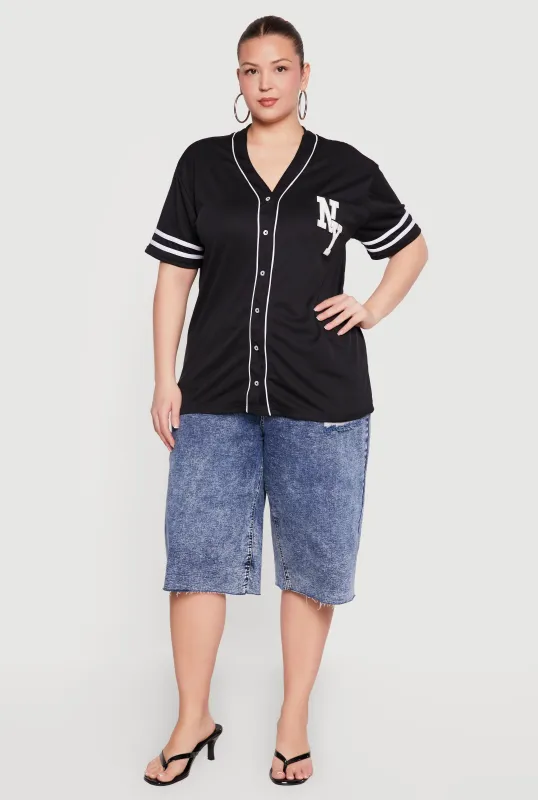 Plus Size Chenille NY Patch Graphic Varsity Stripe Baseball Jersey made by Rainbow