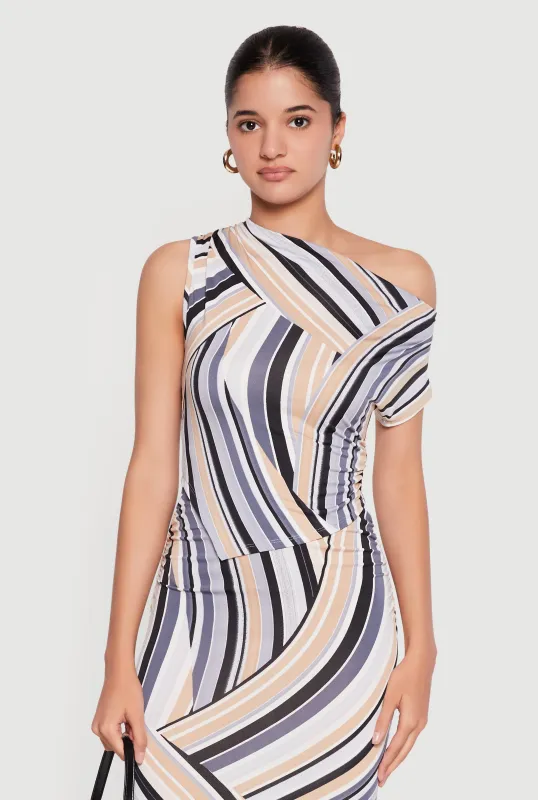 One Shoulder Striped Side Ruched Blouse made by Rainbow