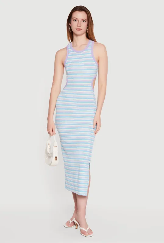 Striped Keyhole Detail Side Slit Midi Dress made by Rainbow
