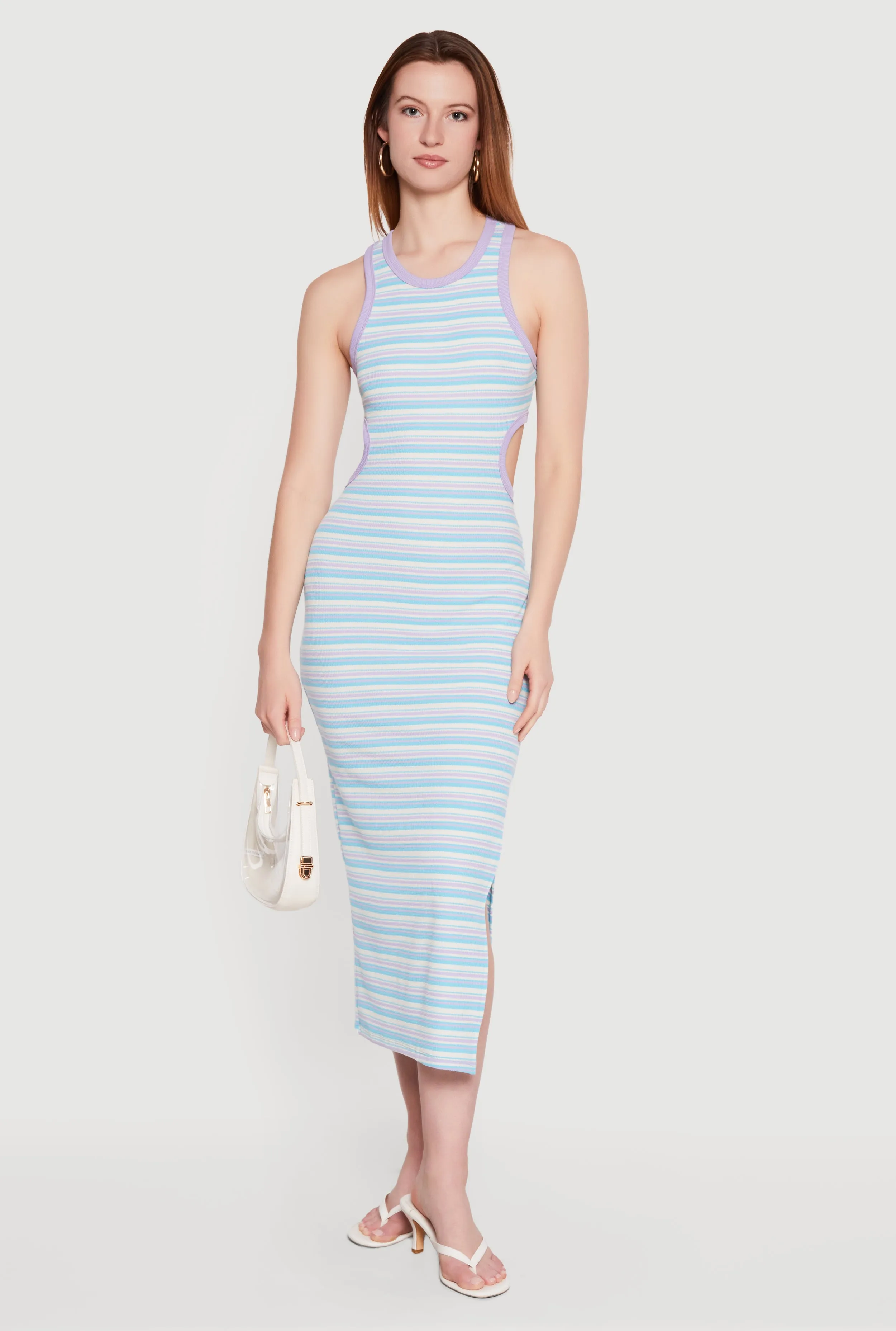 Striped Keyhole Detail Side Slit Midi Dress sold by Rainbow
