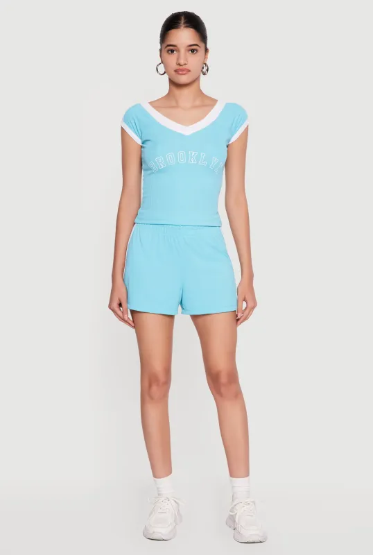 Ribbed Knit Varsity Stripe Detail Shorts made by Rainbow