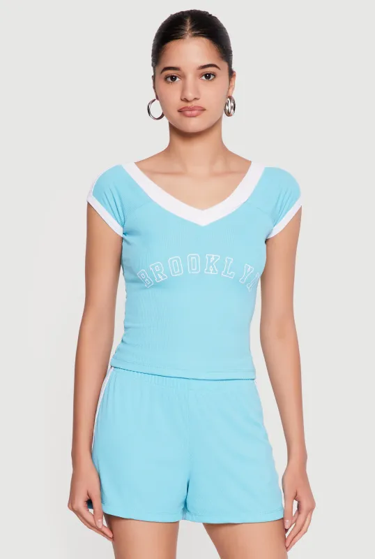 Contrast Trim Brooklyn Graphic V Neck Tee made by Rainbow