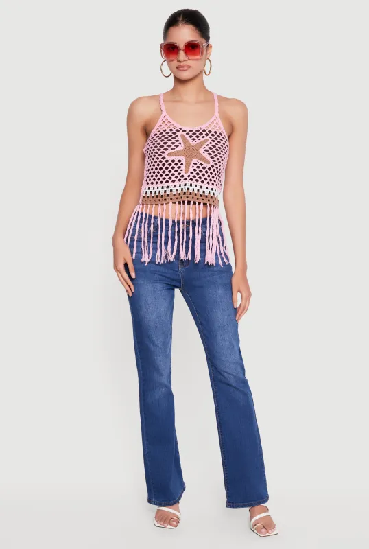 Starfish Graphic Fringe Hem Crochet Crop Top made by Rainbow