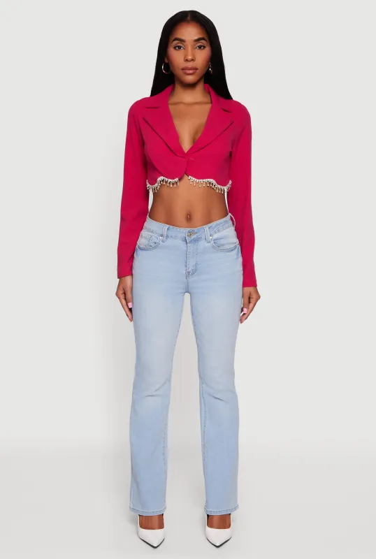 Rhinestone Trim Cropped Crepe Knit Blazer made by Rainbow