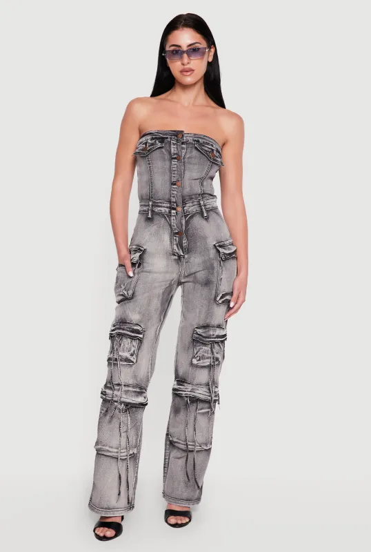 Acid Wash Button Front Cargo Pocket Jumpsuit made by Daisy