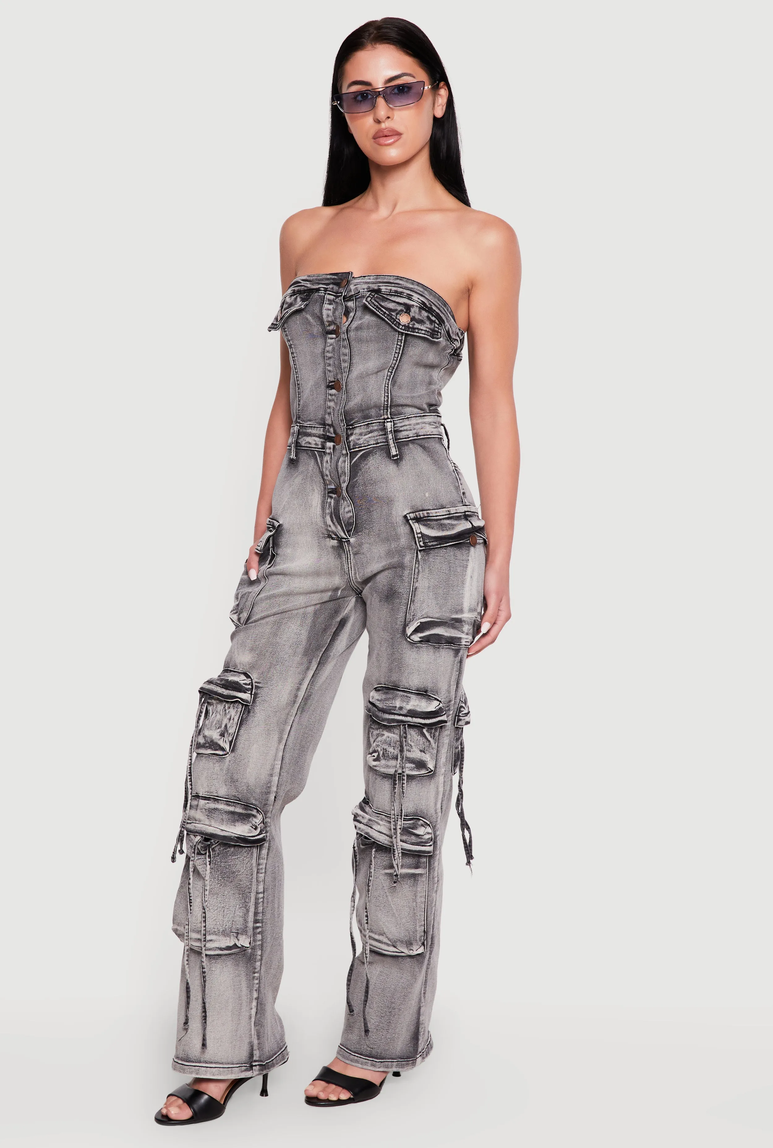 Acid Wash Button Front Cargo Pocket Jumpsuit sold by Rainbow product image thumbnail 2