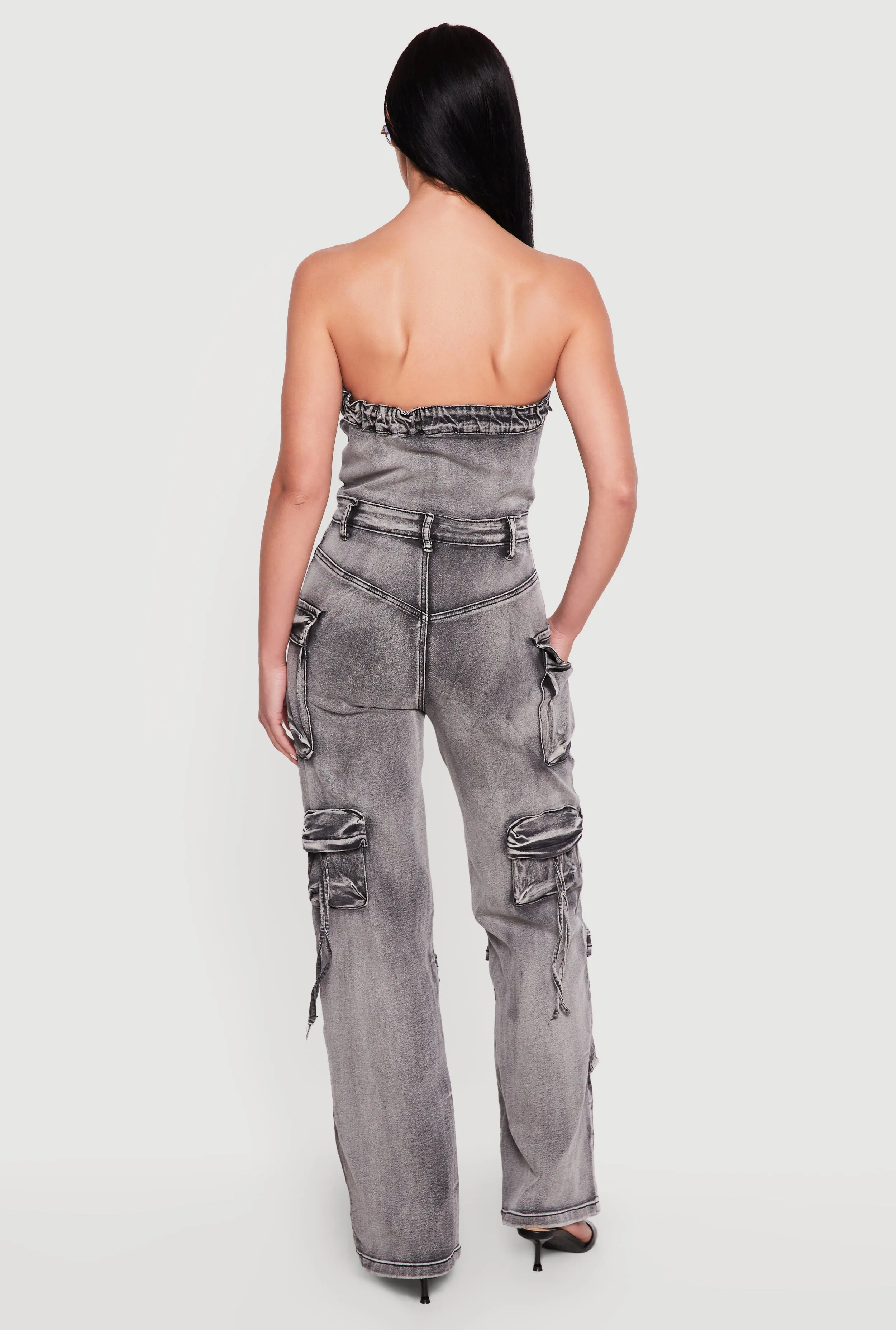 Acid Wash Button Front Cargo Pocket Jumpsuit sold by Rainbow product image thumbnail 3