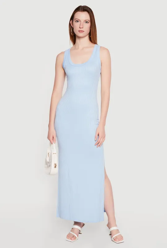 Sleeveless Ribbed Knit Maxi Dress with Side Slits made by Rainbow