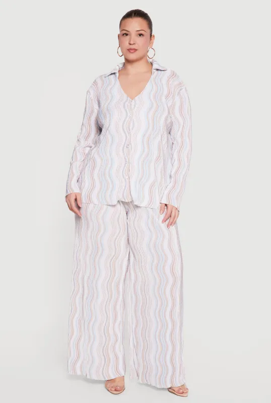 Plus Size Plisse Wavy Stripe High Waisted Pull On Pants made by Almost Famous