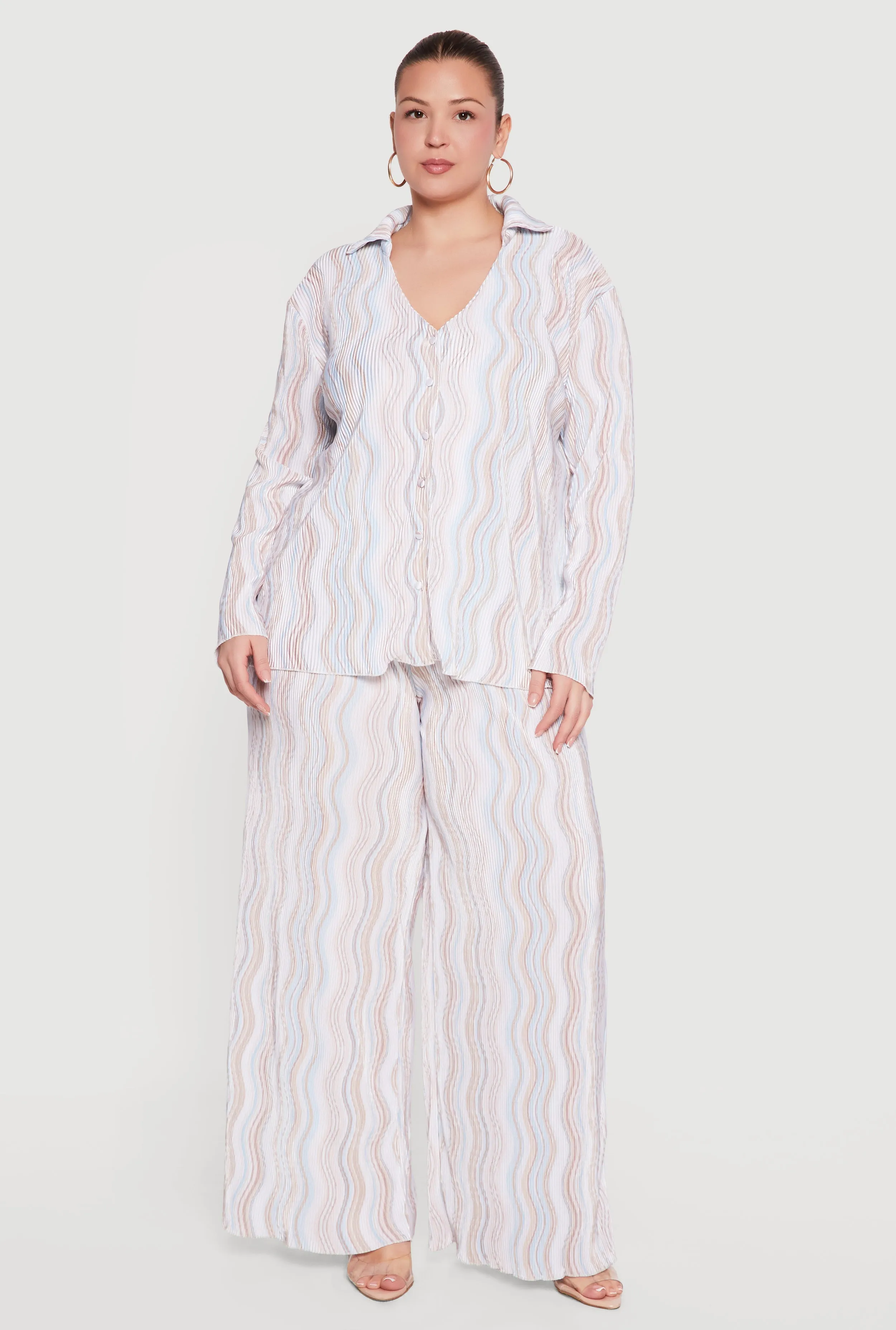 Plus Size Plisse Wavy Stripe High Waisted Pull On Pants sold by Rainbow