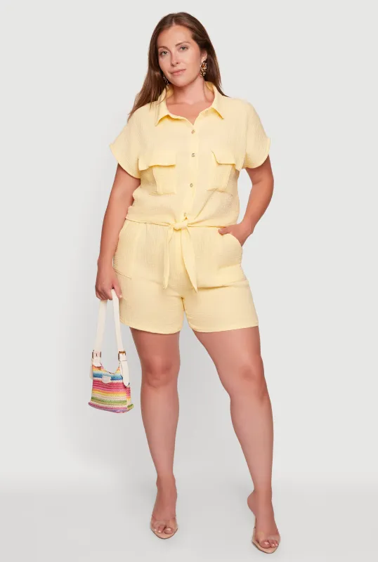 Plus Size Gauze Knit Drawstring High Waisted Shorts made by Rainbow