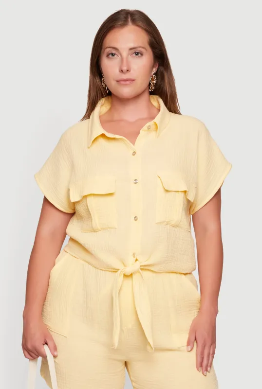 Plus Size Gauze Knit Tie Knot Hem Shirt made by Rainbow