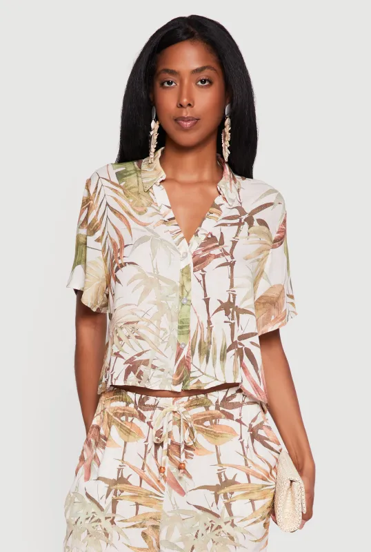 Leaf Patterned Cropped Button Front Shirt made by Haute Monde