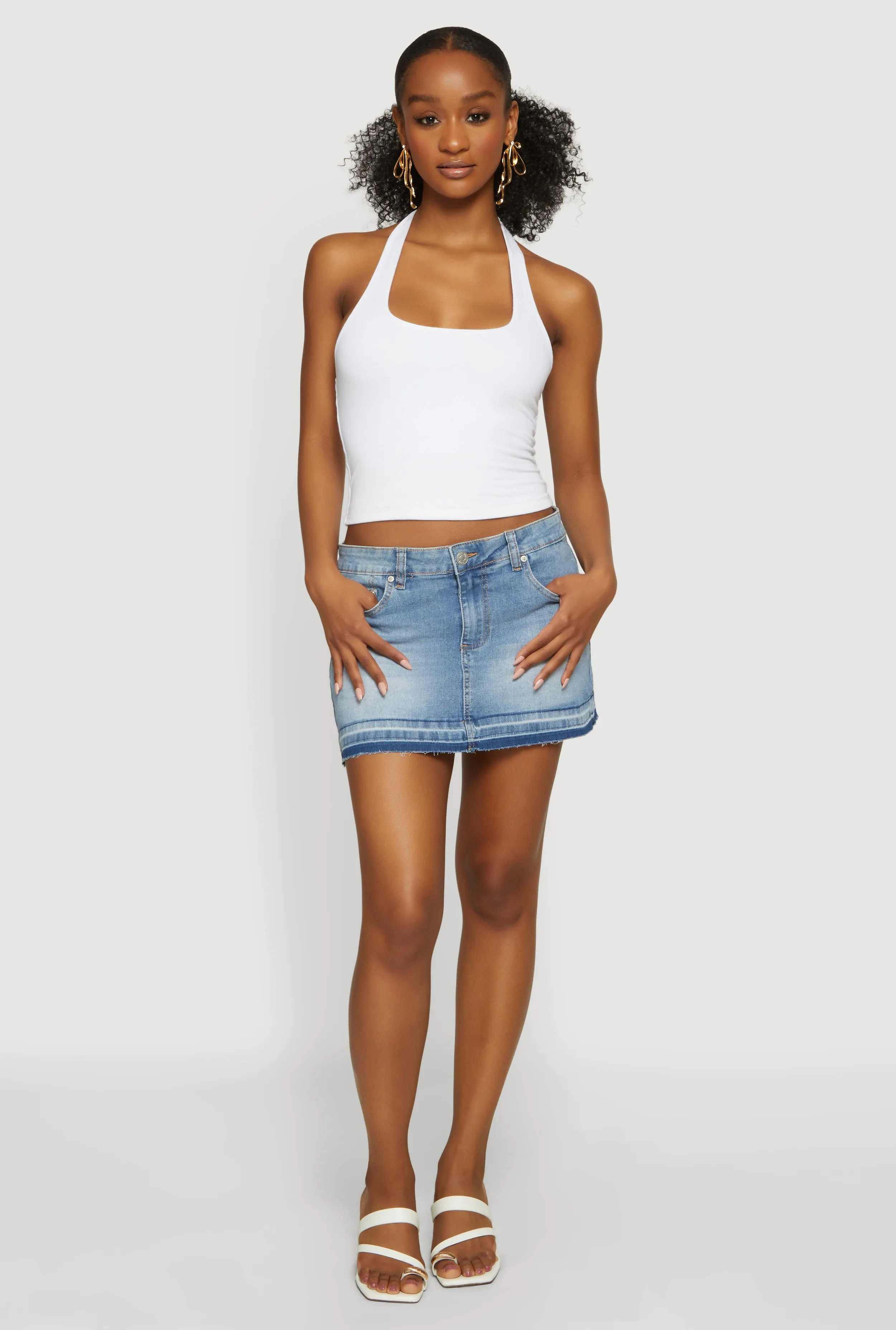 Almost Famous Raw Hem Denim Mini Skirt sold by Rainbow