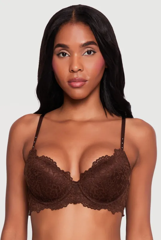 Scalloped Lace Studded Strap Plunge Bra made by Rainbow