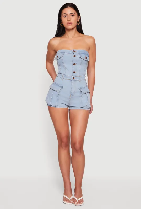 Denim Button Front Cargo Pocket Romper made by Daisy