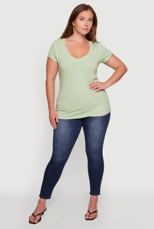 Plus Size Basic V Neck Short Sleeve Top made by Ambiance