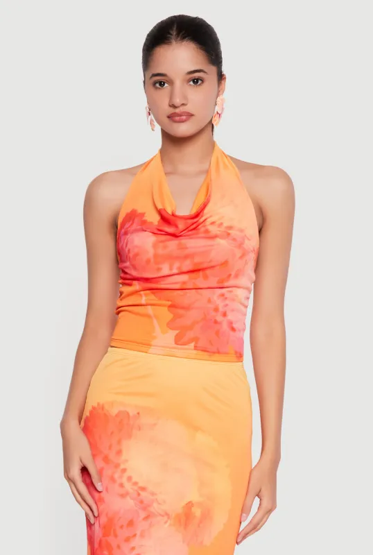 Floral Mesh Cowl Neck Halter Top made by Rainbow