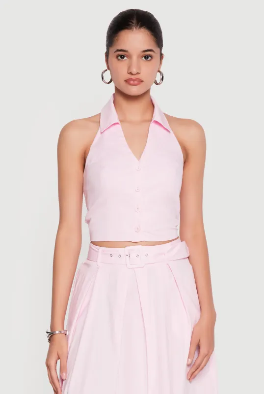 Button Front Cropped Halter Top made by Rainbow
