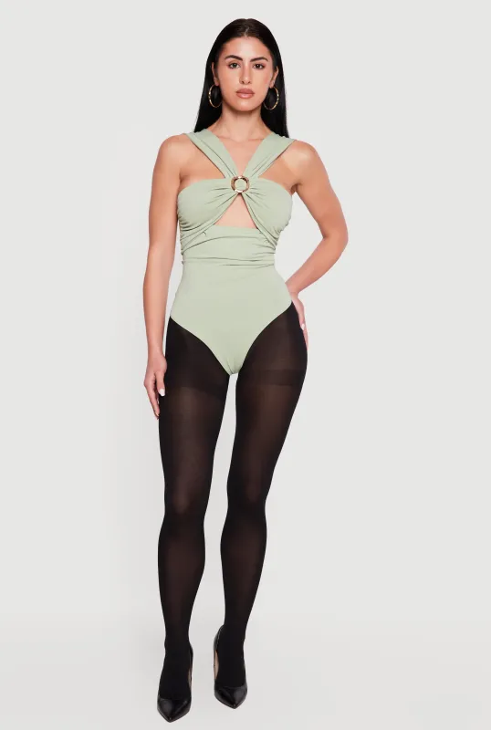 Metallic O Ring Detail Side Ruched Bodysuit made by Rainbow