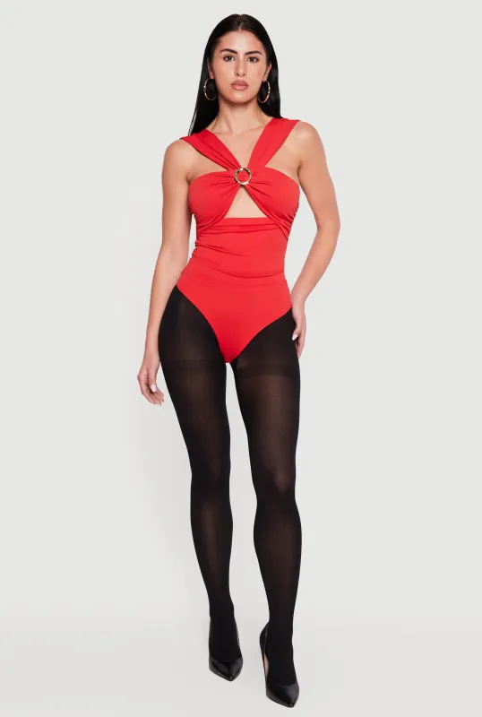 Metallic O Ring Detail Side Ruched Bodysuit made by Rainbow