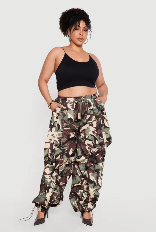 Plus Size Toggle Drawstring Ruffle Trim Camo Joggers made by Daisy