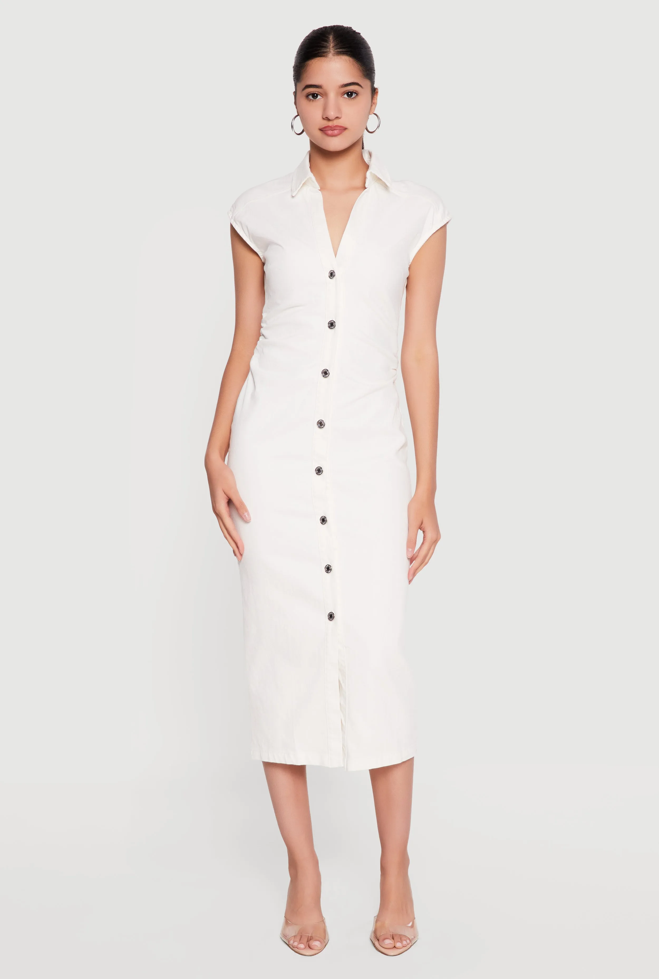 Cap Sleeve Button Front Denim Dress with Ruched Detail sold by Rainbow product image thumbnail 2
