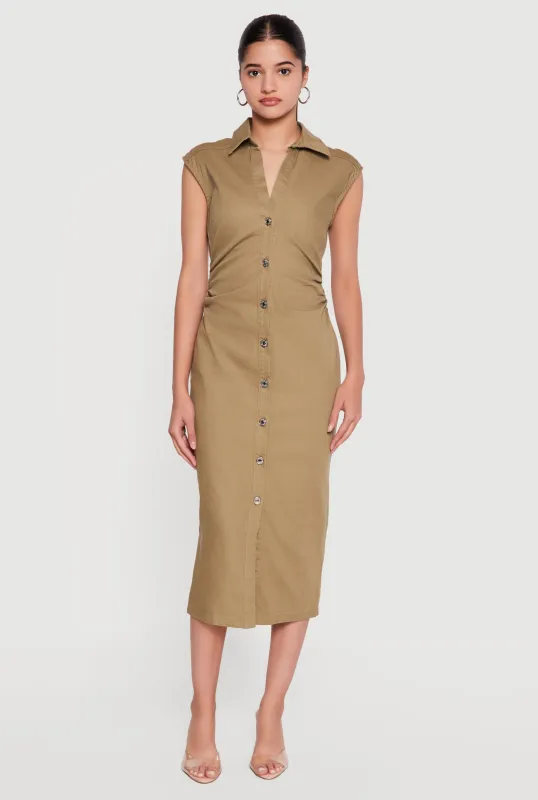 Cap Sleeve Button Front Denim Dress with Ruched Detail made by Haute Monde
