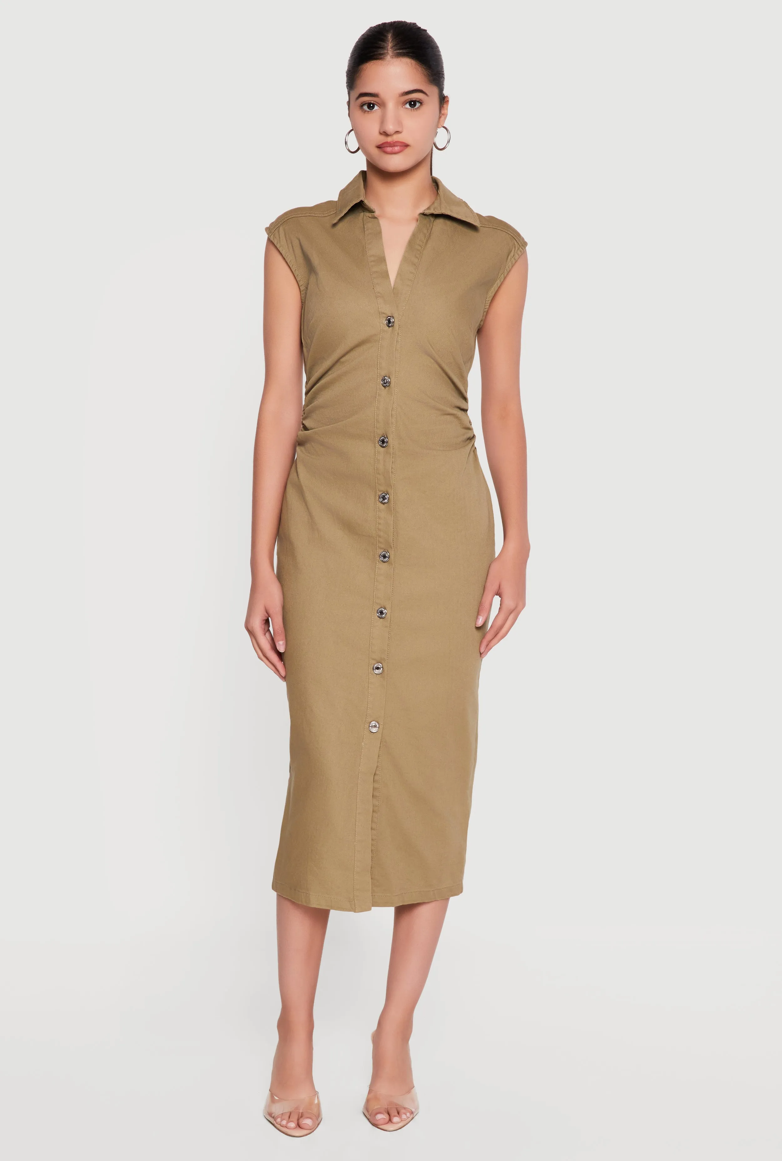 Cap Sleeve Button Front Denim Dress with Ruched Detail sold by Rainbow