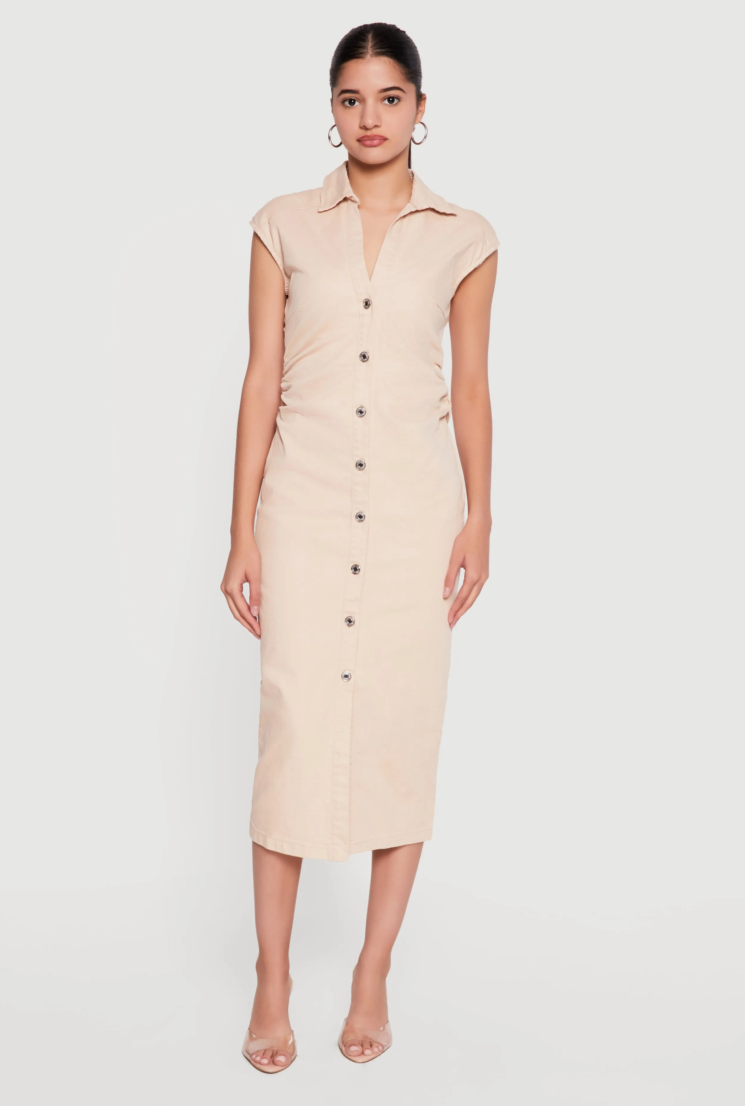 Cap Sleeve Button Front Denim Dress with Ruched Detail sold by Rainbow product image thumbnail 3