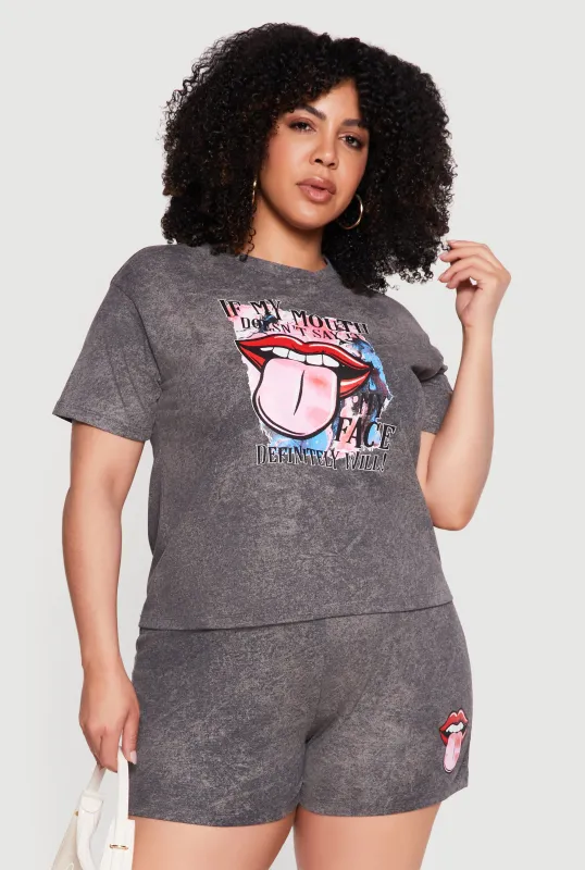 Plus Size Acid Wash Mouth Graphic Tee made by Rainbow