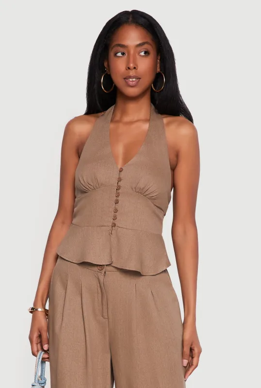 Tie Back Halter Neck Button Front Peplum Top made by Haute Monde