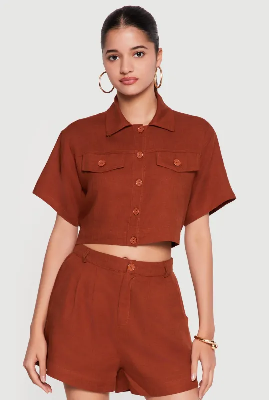 Linen Button Front Cropped Shirt made by Rainbow