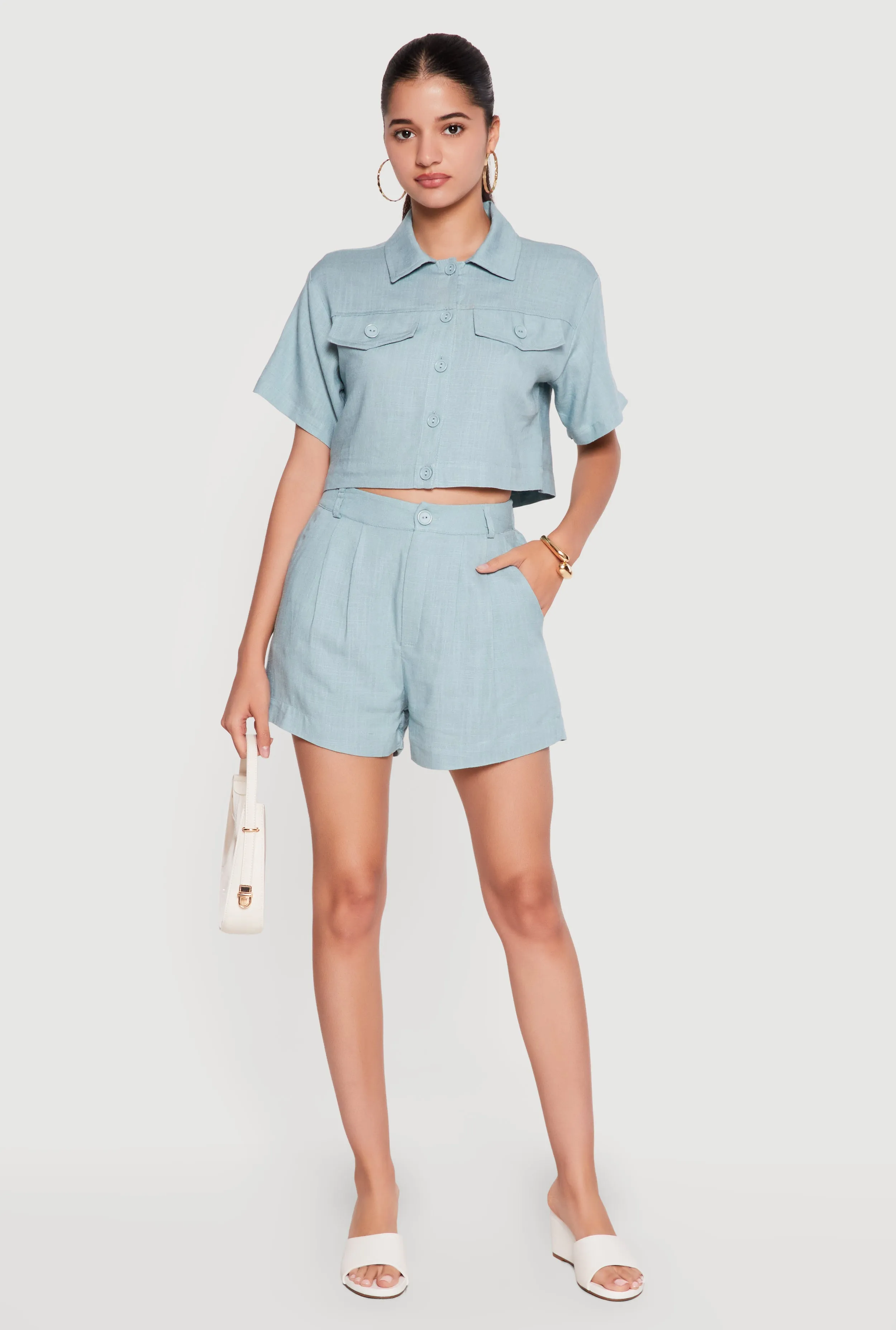 Linen High Waisted Shorts with Elastic Back sold by Rainbow