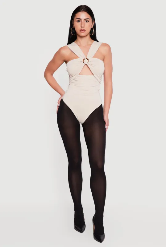 Metallic O Ring Detail Side Ruched Bodysuit made by Rainbow