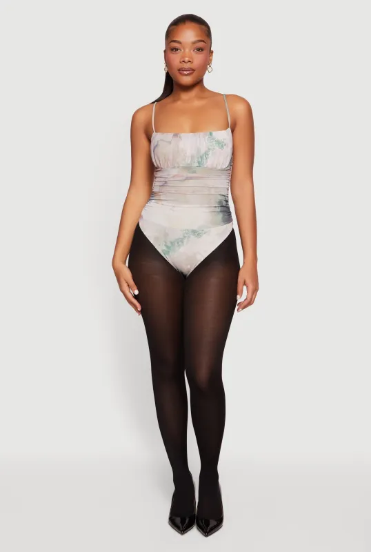 Printed Pattern Side Ruched Square Neckline Thong Bodysuit made by iris