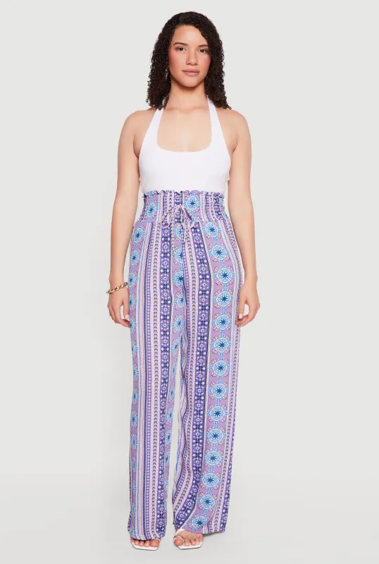 Printed Pattern Smocked Waist Palazzo Pants made by Rainbow