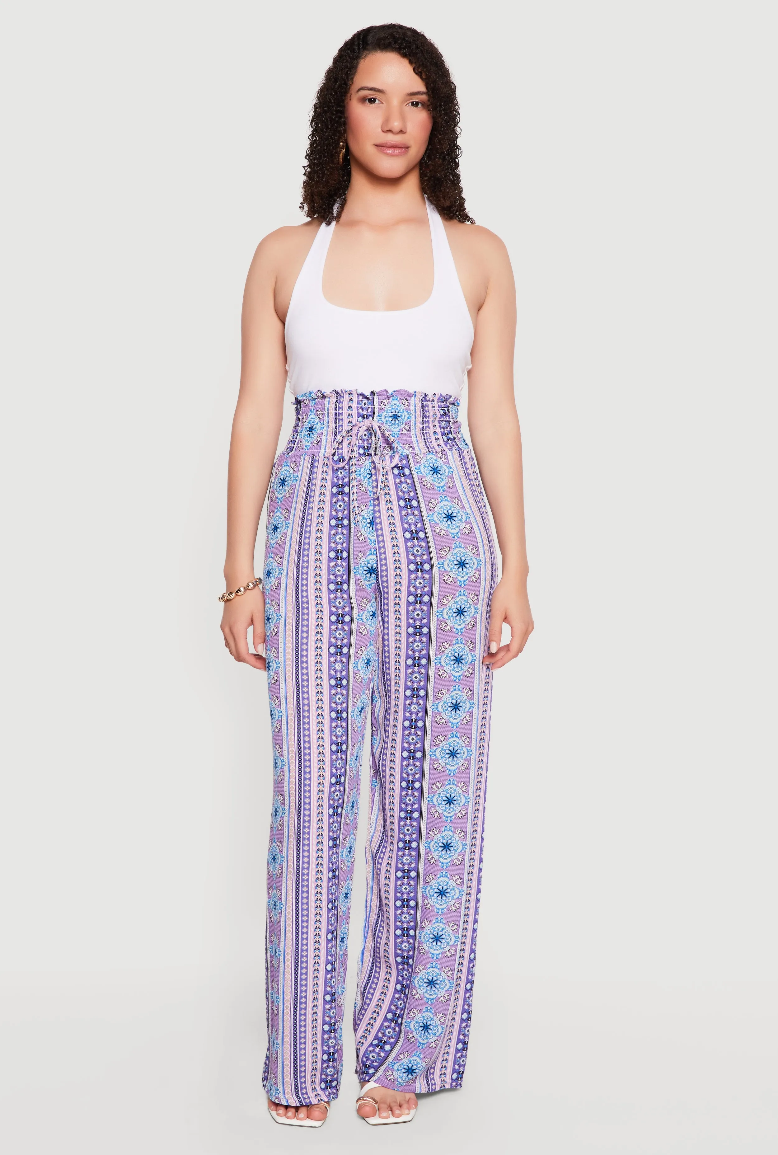 Printed Pattern Smocked Waist Palazzo Pants sold by Rainbow