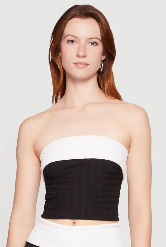 Textured Knit Contrast Trim Crop Tube Top made by Rainbow