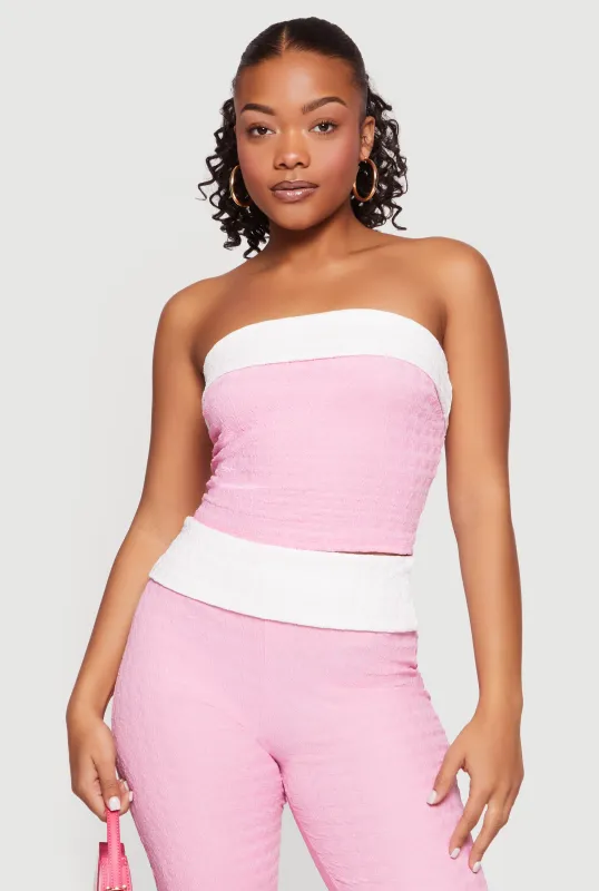 Textured Knit Contrast Trim Crop Tube Top made by Rainbow