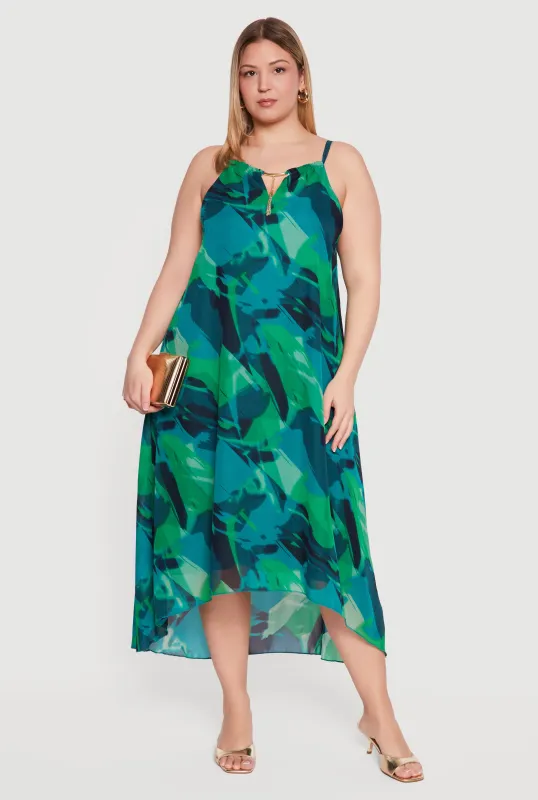 Plus Size Metallic Keyhole Detail Patterned High Low Dress made by Rainbow